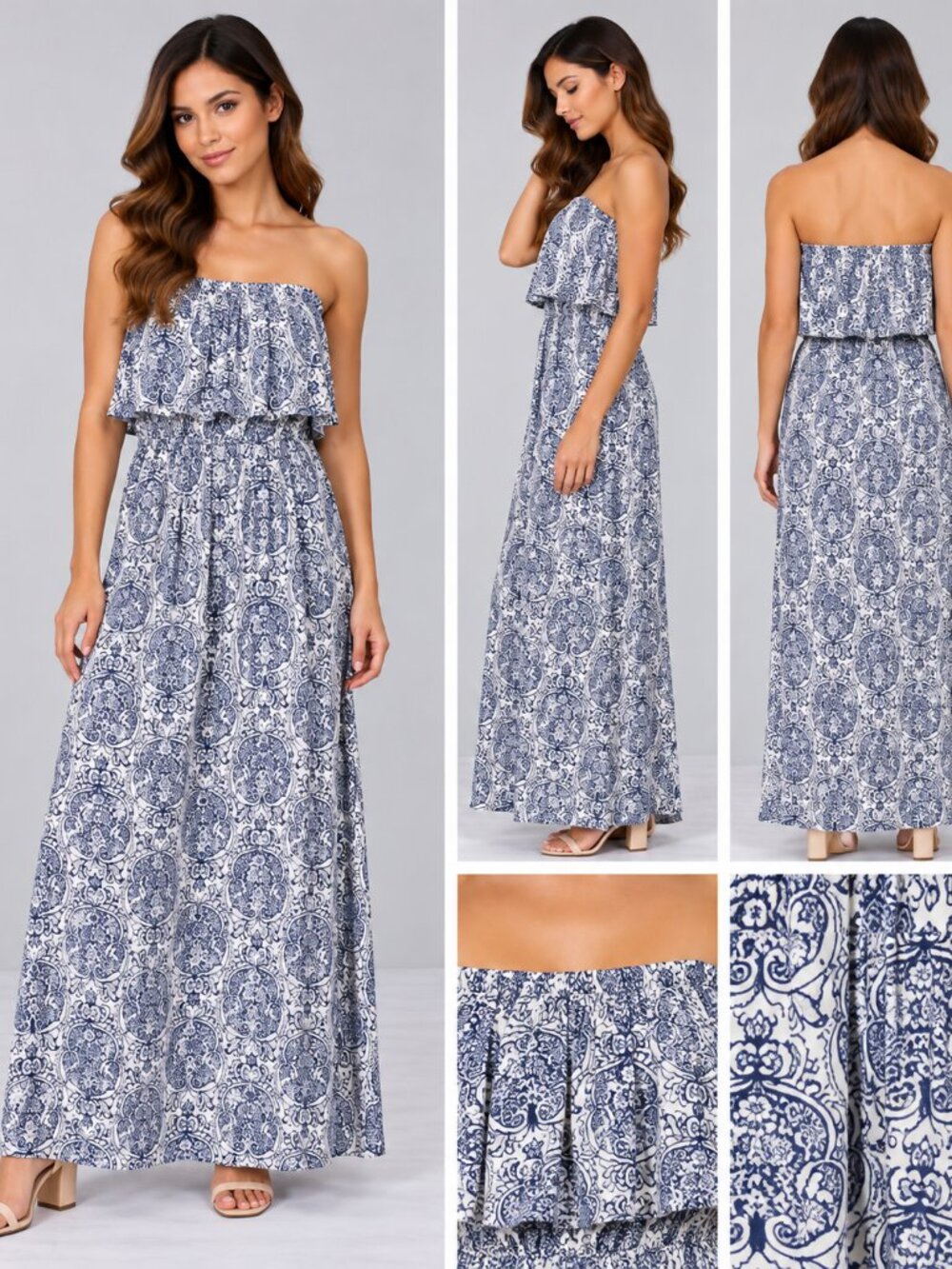 Yidarton Blue White Paisley Off Shoulder Maxi Dress Size S